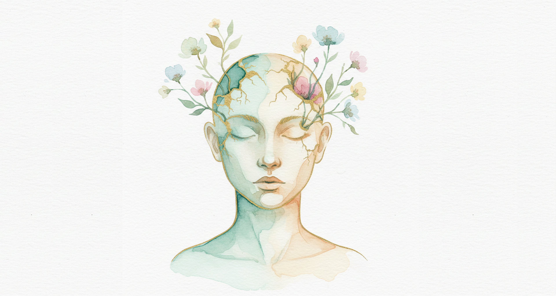 Акварельная иллюстрация о психотерапии: женский силуэт с цветами и золотыми трещинами в технике Кинцуги, символизирующими исцеление.