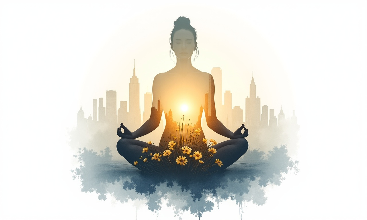 Иллюстрация медитации в большом городе: силуэт человека с внутренним светом на фоне серых небоскребов, символизирующий защиту от стресса и городской суеты.