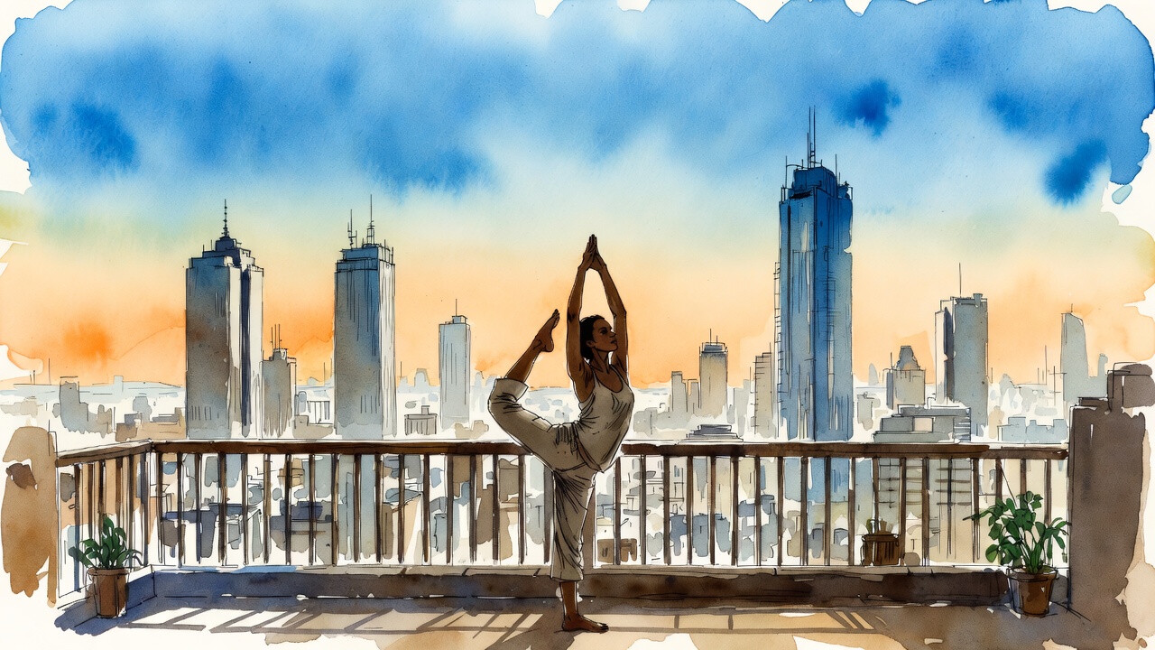 Женщина практикует йогу в позе Натараджасана на городской террасе на фоне небоскребов и закатного неба - акварельная иллюстрация для путеводителя по йоге