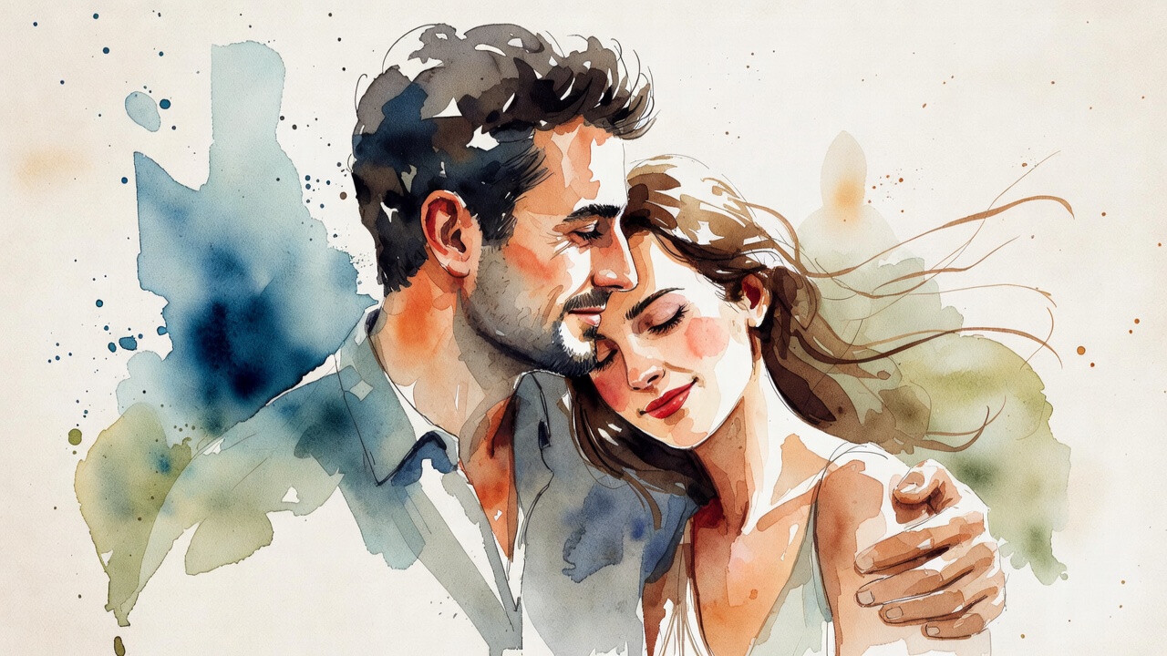 Две фигуры - мужчина и женщина - стоят близко друг к другу в профиль. Мужчина обнимает женщину сзади, обе фигуры выполнены в акварельной технике с мягкими цветовыми пятнами голубого, коричневого и оранжевого оттенков. Иллюстрация передаёт атмосферу нежнос