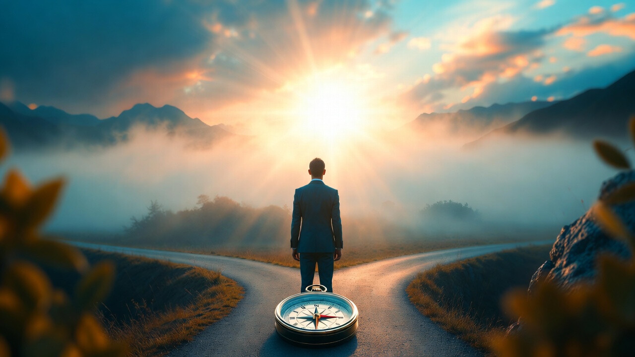 Человек на развилке дорог с компасом, символизирующий поиск своего призвания и выбор карьерного пути